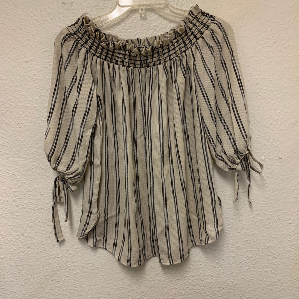 AQUA Off the Shoulder Flowy Top Summer Blouse Ivory black Striped Tie Sleeves S - Picture 2 of 6